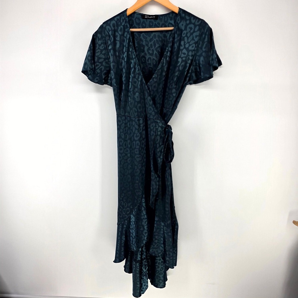 Simplee Wrap Dress Womens S Teal Leopard Jacquard Ruffle High Low Midi Party